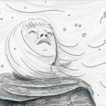 Adult Lynn, in black and white, looks up above her, with a somber expression. Her hair and scarf blow in the wind. Snow is falling.